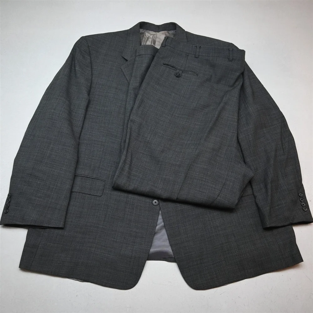 Vtg USA Made Hart Marx 52R 46x30 Gray 100% Wool Sharkskin Mens Jacket Pants Suit